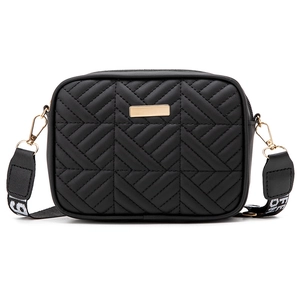 Chic black V-quilted crossbody bag with gold hardware and stylish lettered wide strap