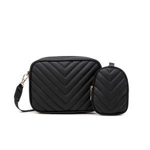 Black V-quilted faux leather crossbody bag with matching round coin purse set