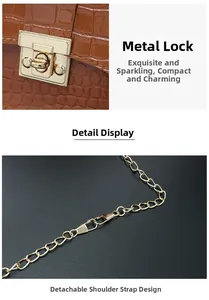 Close-up of golden square twist lock and detachable chain on brown crocodile texture bag