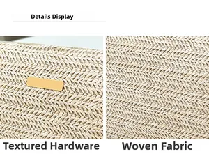 Detail of woven crossbody bag with herringbone texture and gold metal plaque
