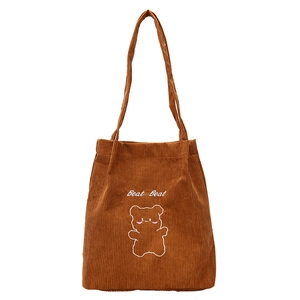 Borsa tote in velluto a coste marrone con ricamo a forma di orso e doppie tracolle casual