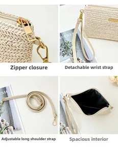 Detail view of cream woven crossbody bag showing metal zipper and adjustable straps