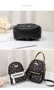 Close-up of printed PU leather backpack base and dual color options with pink bow detail