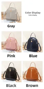 Color display of five small soft PU leather backpacks in grey, pink, blue, black and brown