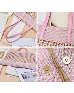 Détail d'un sac cabas tissé rose avec poignées en cuir et fermoir magnétique