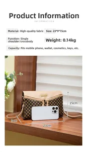 Close-up of a lightweight polka dot crossbody bag on a wooden ledge with size reference