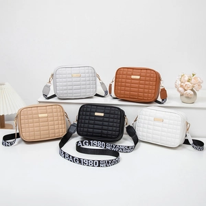 Quilted Crossbody Bag For Women PU Leather Camera Bag With Wide Letter Print Strap Golden Hardware Casual Square