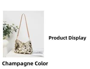 Champagne sequin shoulder bag with leather strap and scale pattern design details