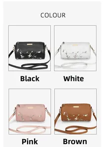 Detaillierter Vergleich vier bestickter Zylindertaschen in Schwarz, Weiß, Rosa und Braun