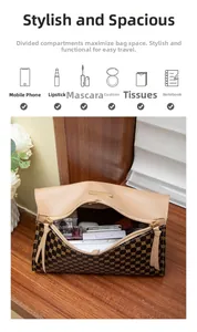 Detailed interior of printed handbag showing compartments for makeup and phone