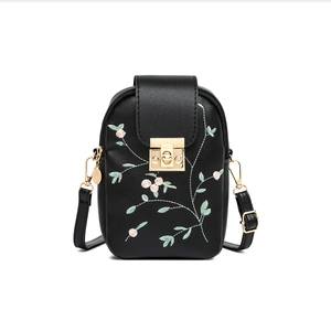 Black PU leather mobile phone bag with floral embroidery and golden metal buckle