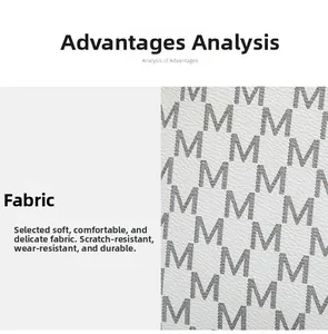 Detail showing soft, scratch-resistant white fabric with repeating M-letter print texture