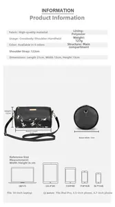 Detailansicht der bestickten Zylindertasche mit Größenangaben und Riemenlänge