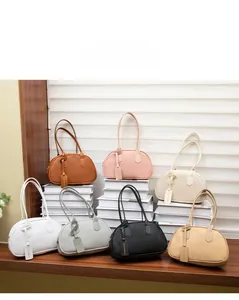 Detail display of stylish handbag collection in seven colors with premium pebble leather texture