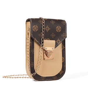 Retro vertical crossbody phone bag with chain strap in brown floral leather and beige panel