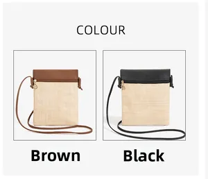 Detail of woven crossbody bag in brown and black with leather straps and top zip closure