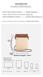 Size guide for woven crossbody bag showing 19x22cm dimensions and device compatibility