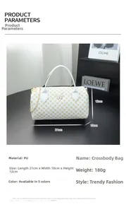 Detailed view of white PU leather pillow bag with yellow print and butterfly buckle