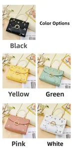 Detail display of five embroidered crossbody bags with pearl handles and chain straps