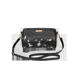 Schwarze Zylindertasche mit Blumenstickerei und verstellbarem Schultergurt aus Leder