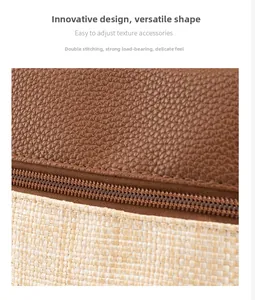 Detail of crossbody bag featuring brown lychee leather and beige woven fabric textures