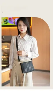 Crossbody bag with Intrecciato weave texture and gold zipper detail worn by a model