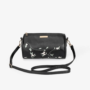 Sac bandoulière cylindrique en cuir noir avec broderie florale et fermeture dorée