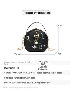 Size chart showing a round black PU crossbody bag with floral embroidery and cat charm