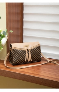 Detail of printed crossbody bag with golden metal hardware and elegant tassel zipper