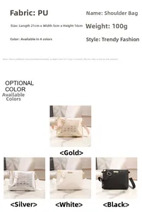 Detailed size and weight chart for trendy embossed PU shoulder bag with four colors