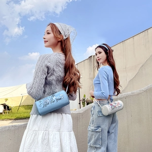 Chic cartoon bear cylinder crossbody bag with Luck For You print for daily fashion
