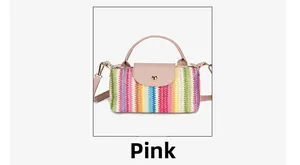Detail der rosa Lederklappe und bunten Webstruktur einer böhmischen Strohhandtasche