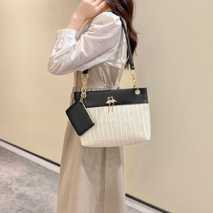 Large capacity woven tote bag with beige-black contrast design and gold chain strap