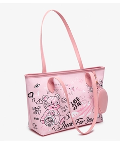 Vue détaillée du sac cabas rose graffiti avec ours cartoon et petit porte-monnaie assorti