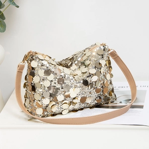 Borsa a spalla chic 2025 con paillettes oro e argento e tracolla in pelle sintetica marrone