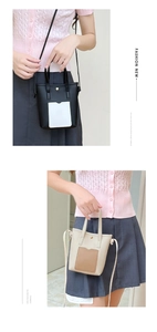 Vue détaillée des mini sacs cabas en PU bicolore avec poignées et bandoulières élégantes