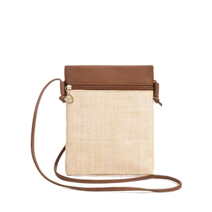 Minimalist woven straw crossbody phone bag with brown leather strap and zip closure