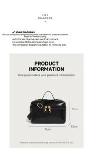 Size chart for black wax leather handbag with dimensions and adjustable strap detail