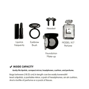 Detailed internal capacity showing daily essentials like lipstick, mirror and perfume