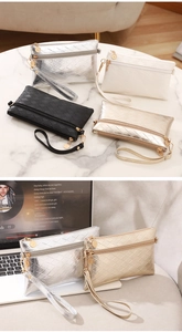 Dettaglio di pochette a busta trapuntate con cerniere e cinturini in vari colori