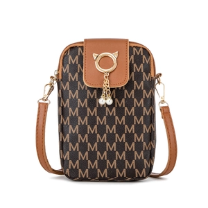 Brown leather crossbody phone bag with M-pattern print and pearl cat-ear ring detail