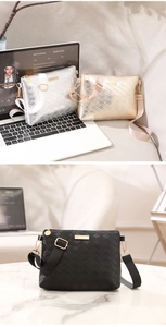 Detail of crossbody envelope bags with quilted patterns, metallic finish and wide straps