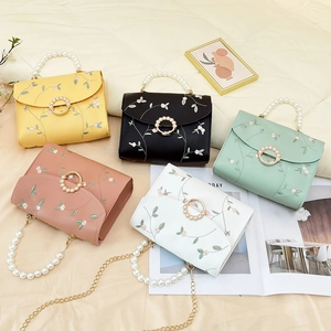 Floral Embroidery Handbag PU Leather Artificial Pearl Handle Crossbody Bag Small Square Sweet Korean Style For Women Metal Chain