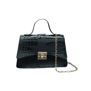 Elegant black crocodile pattern handbag with gold chain strap and top handle design