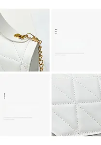 Detail view of white quilted faux leather bag with golden chain and detachable metal hook