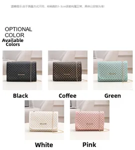 Detailed view of monogram chain crossbody bags in five colors with metal logo