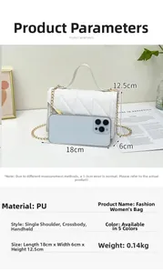 Detailed size chart for white quilted PU crossbody bag showing dimensions 18x6x12.5cm