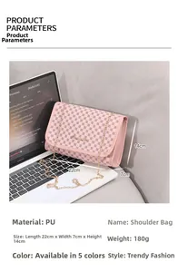 Detail view of pink quilted chain bag, PU material, size 22x7x14 cm and 180g weight