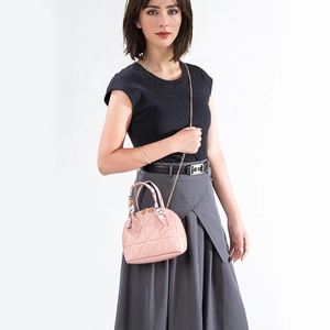 Pink quilted shell handbag with silk scarf handle and metal chain strap for women