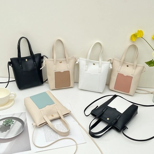 Mini Sac Seau Fourre-tout En Cuir PU Sac À Bandoulière Main Avec Poche Avant Couleur Contrastée Style Décontracté Femmes